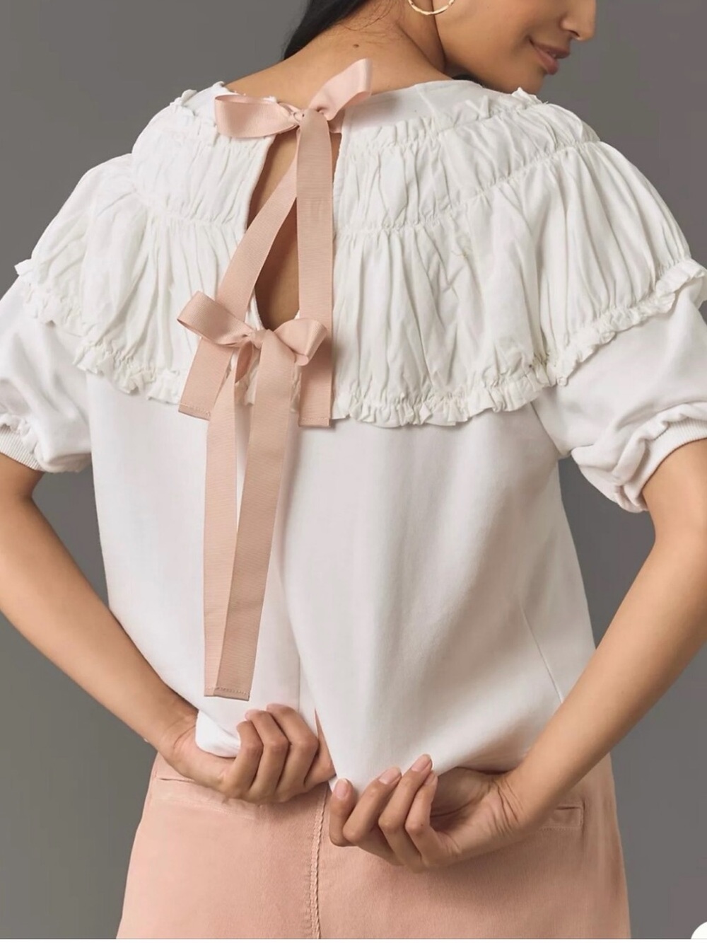 Anthropologie White Ruffle Back-Tie Top with Blush Ribbon